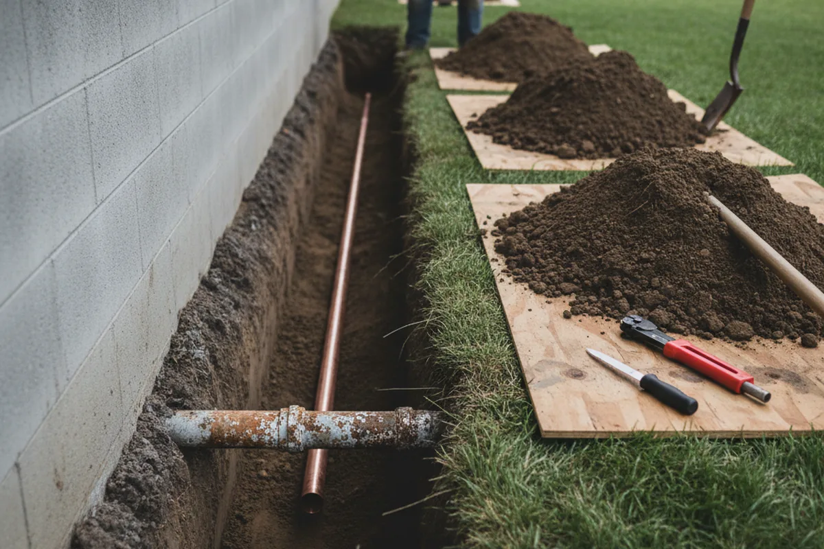 Excavated water line trench during Water Softener Installation in Jefferson Valley